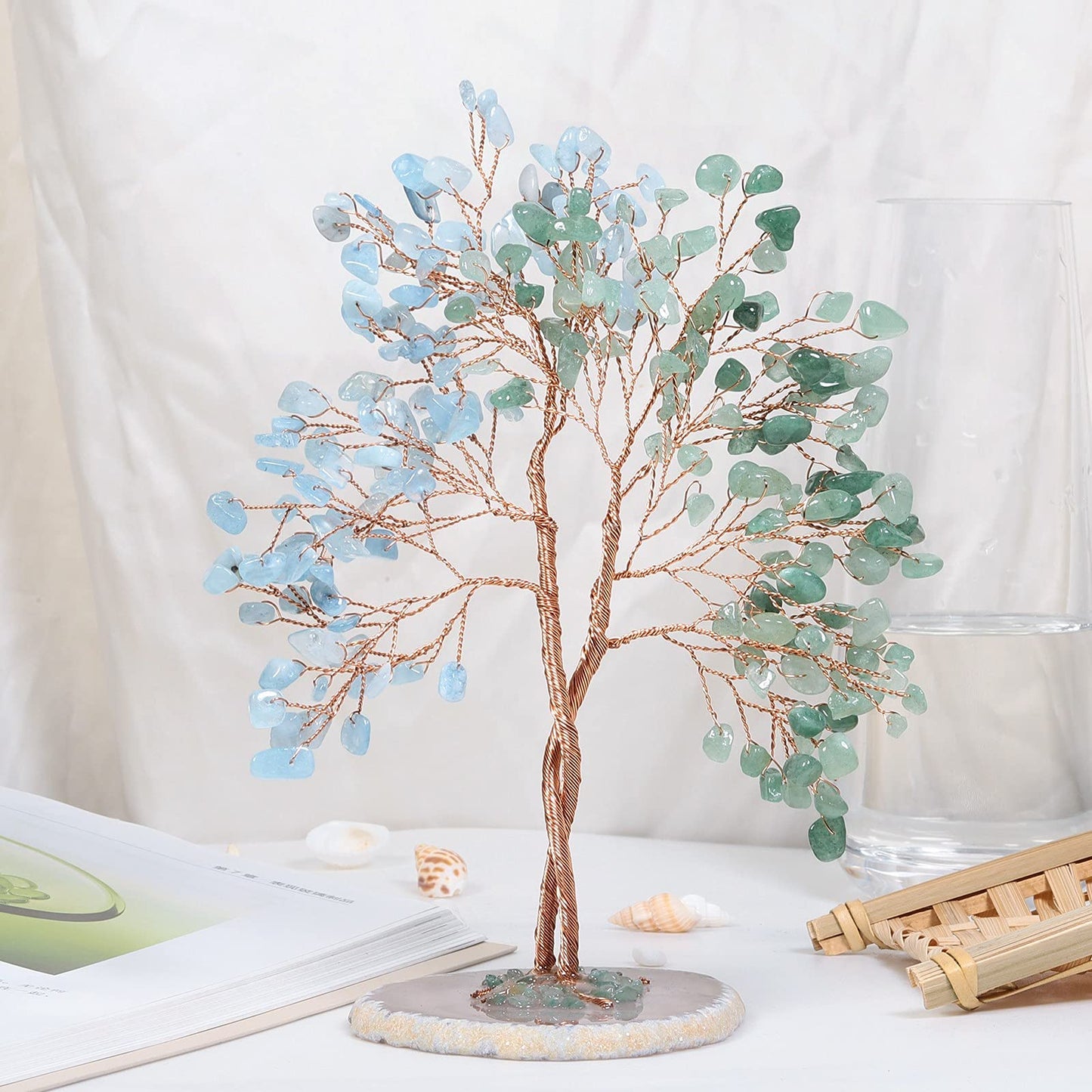 Nupuyai Crystal Tree Feng Shui Gemstone Tree, Lucky Tree, Money Tree Gift, Wedding, Decor Living Room Bedroom (Green Aventurine & Aquamarine, Agate Slice Base)