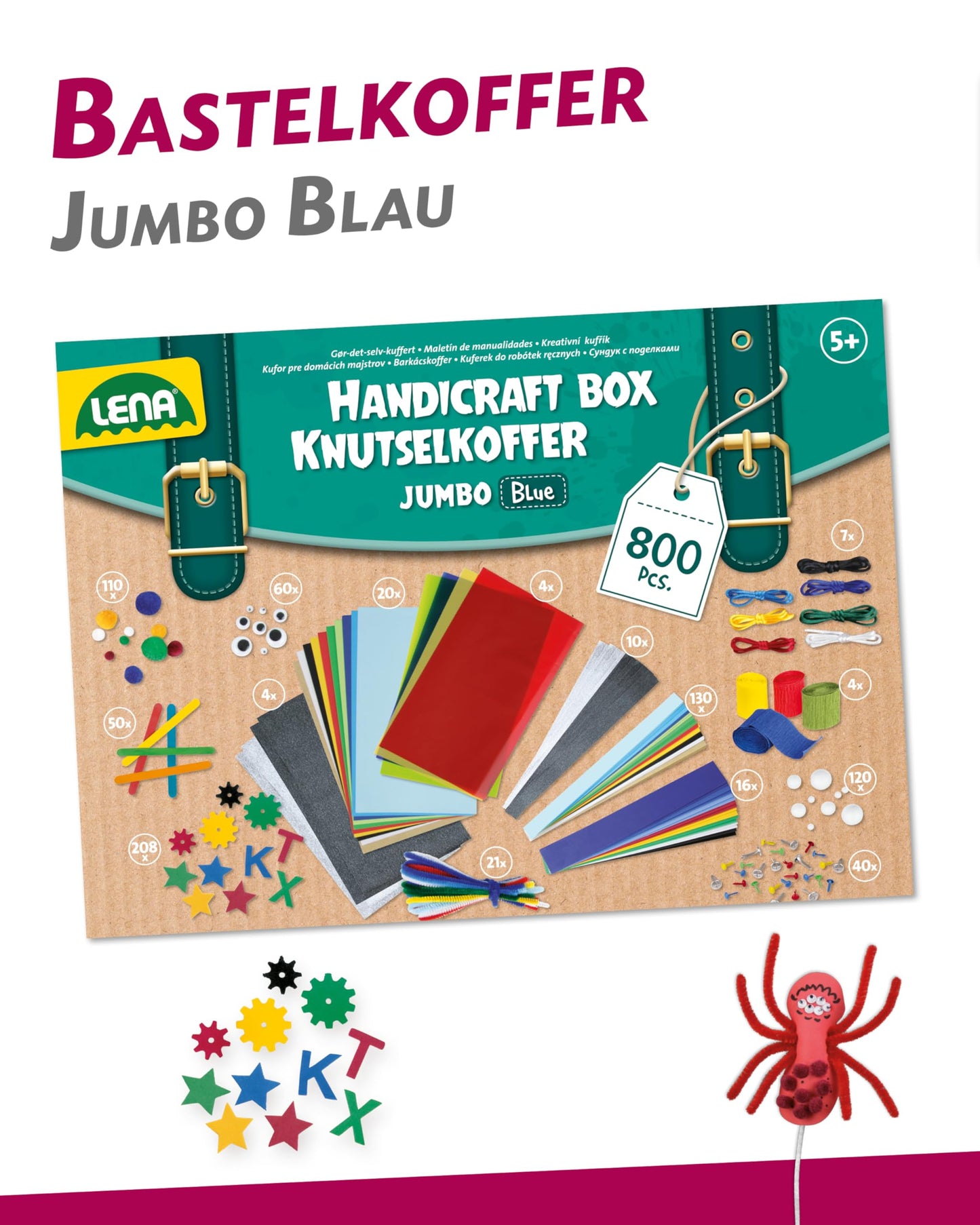 Lena 42665 - Jumbo craft kit with 800 pieces in bold colors, crafting materials like foam, colored paper, pom poms, ribbons, googly eyes, wooden sticks, and more. For ages 5 and up, in blue.