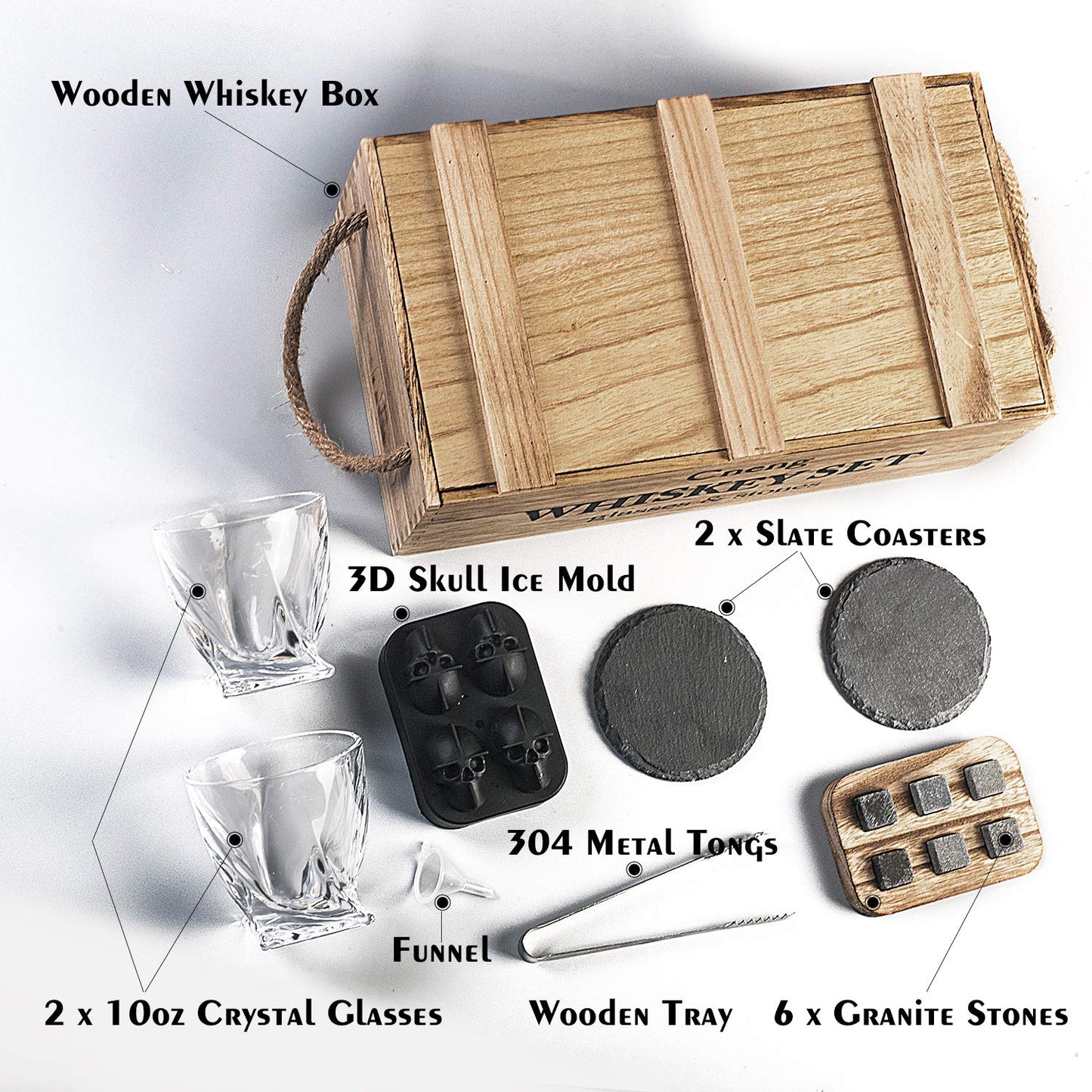 Cneng Whiskey Stones Gift Set with Glass, Whiskey Glasses Set, Personalized Whiskey Gift for Men, 2x 300ml Glasses, 6 Whiskey Stones, Whiskey Accessories with Wood Gift Box.