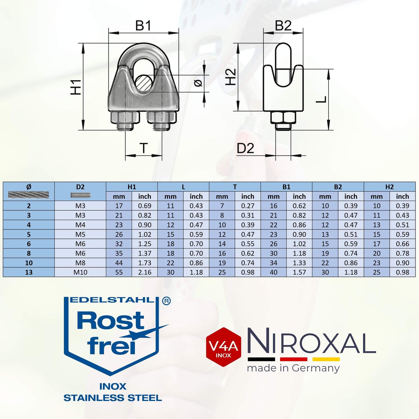 20 pieces stainless steel wire rope clip 6mm stainless steel A4 thimble wire clip suitable for Ø 6 mm wire | in a set with matching thimble | made of V4A stainless steel for galvanized steel cable wire rope.