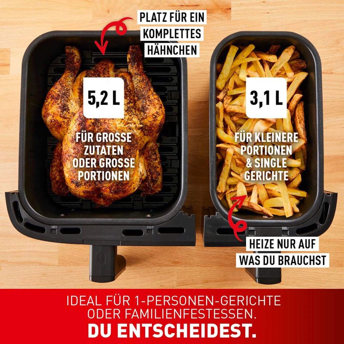 Tefal Dual Easy Fry hot air fryer with two chambers, 5.2/3.1 L capacity, two independent drawers, 7 automatic programs, energy-saving, black, EY9018.
