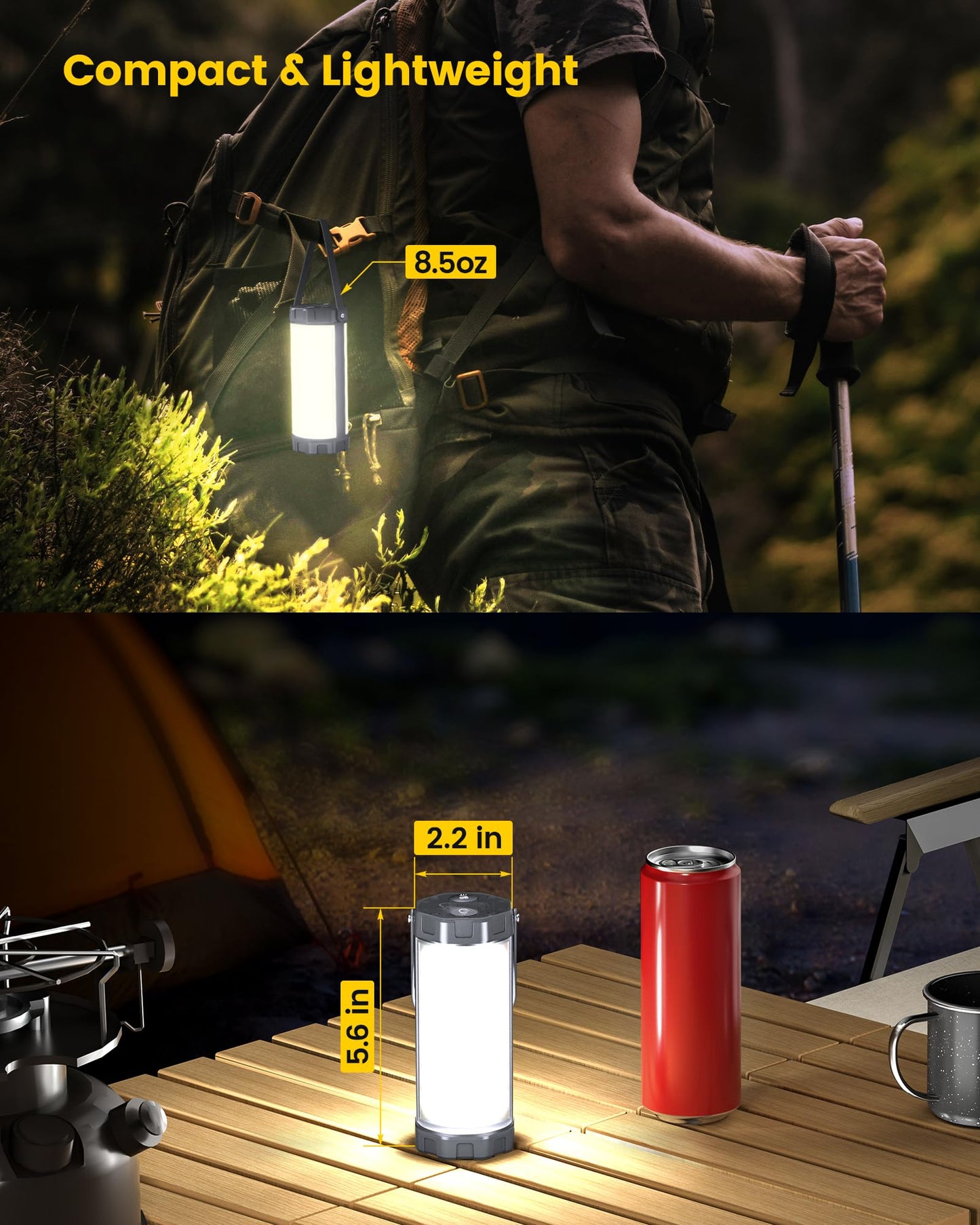 Glocusent Camping Lantern & Tent Light: Compact 1200lm camping light with rubber corner protection & keychain, 5 brightness levels, 3 modes + SOS, IP68 waterproof, 80h runtime, ideal for blackout, hiking.