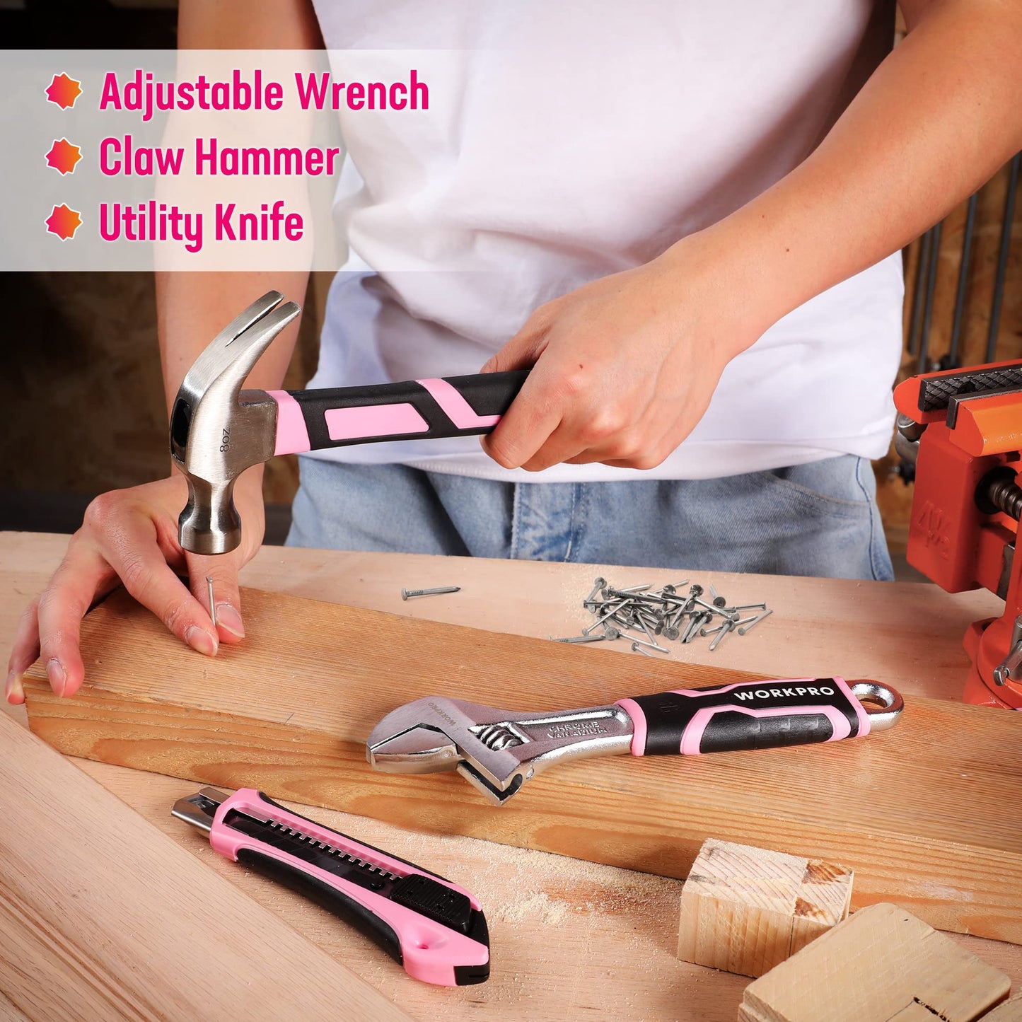 WORKPRO 73-piece Tool Set Pink with small cordless screwdriver, pink metal toolbox filled for household repairs with level, water pump pliers, a gift for mom DIYer.