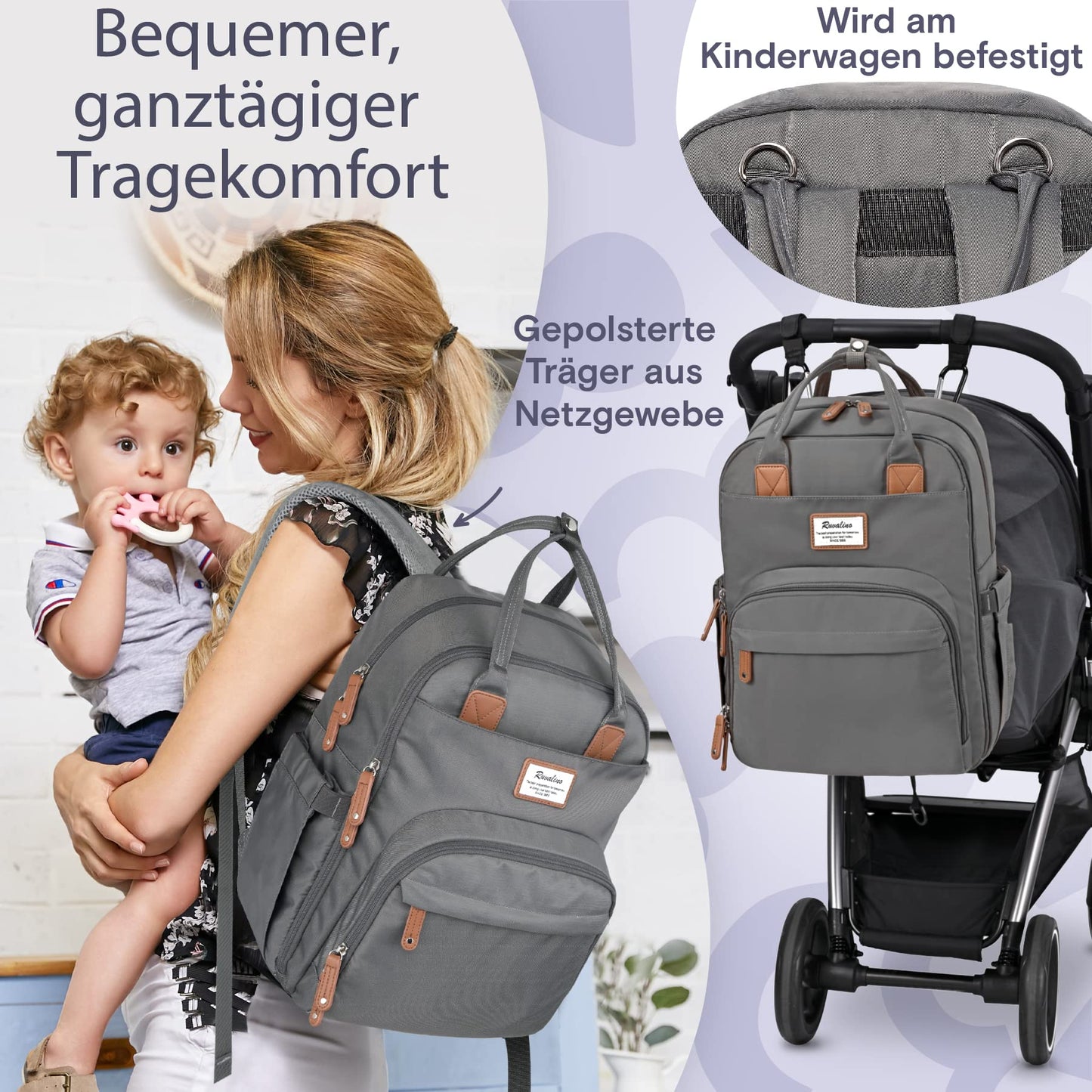 RUVALINO Baby Diaper Backpack, Multifunctional Diaper Bag Travel Backpack Large Capacity Baby Bag with Changing Pad, Waterproof Fabrics, Fits for Stroller (Dark Gray)