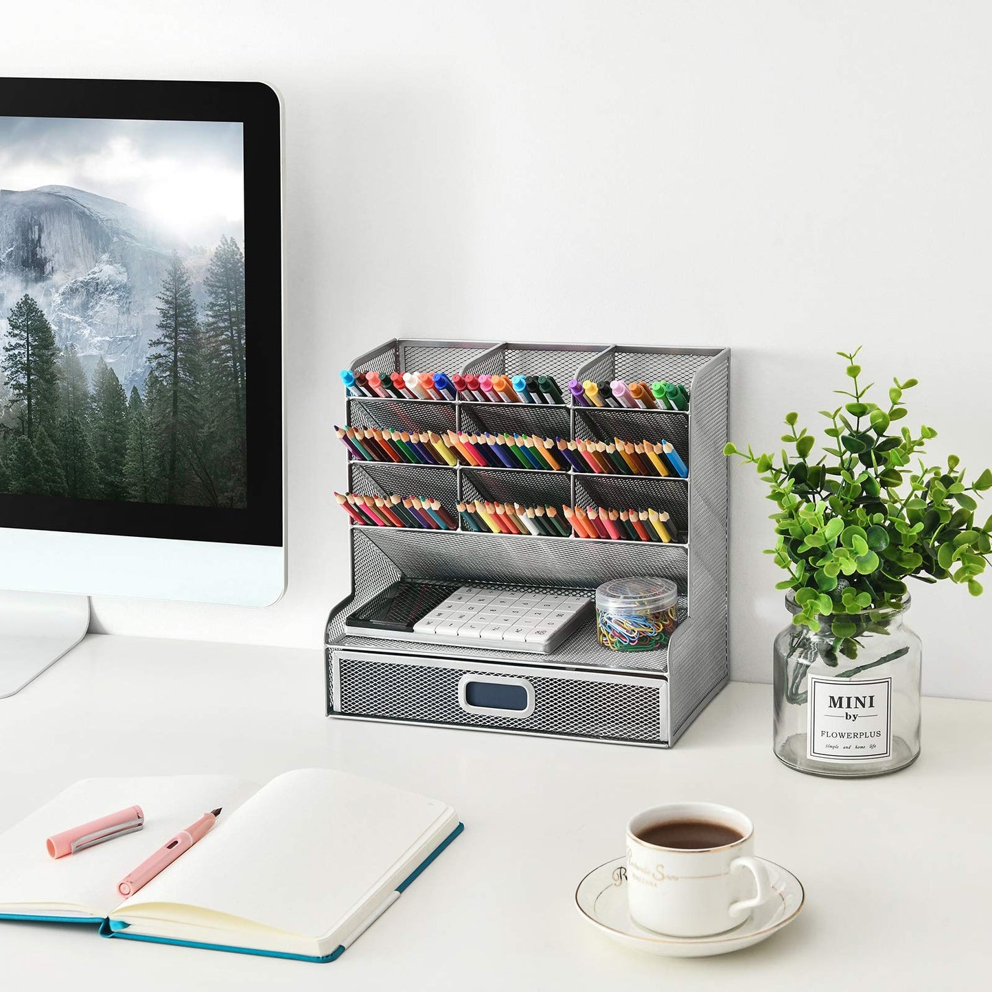 Marbrasse Mesh Desk Organizer, Multifunctional Pencil Holder, Desk Organizer, Storage Shelf for School and Home Office Supplies (Silver with Drawer)