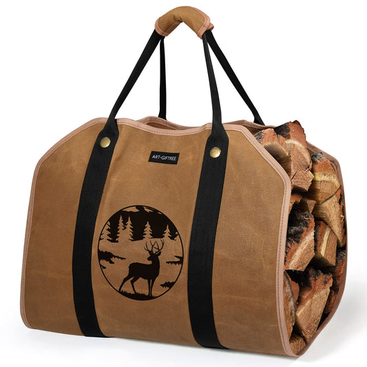ART-GIFTREE Large waxed linen tote bag with handles, 99 x 45 cm, sturdy wooden holder for fireplace - Reindeer