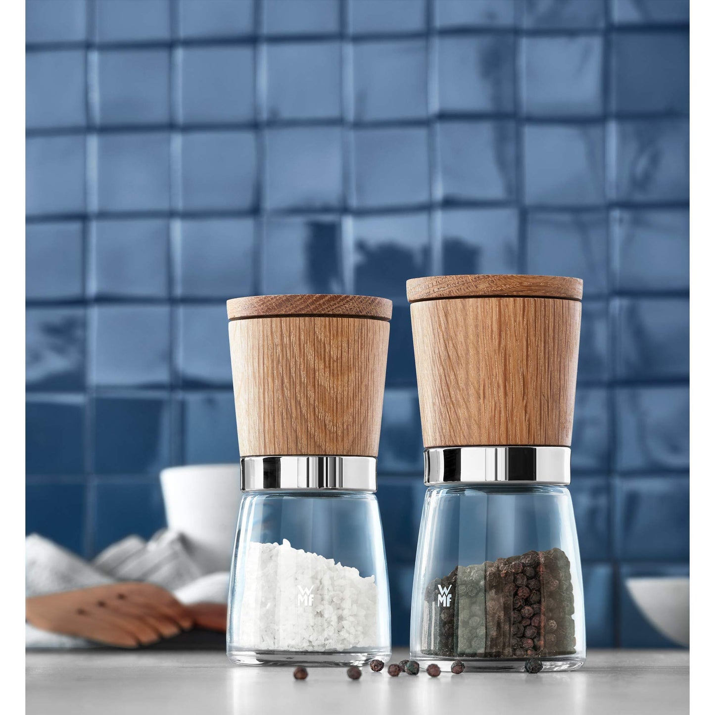 WMF Ceramill Nature Salt and Pepper Mill Set 2-piece, unfilled, for salt, pepper, chilli, salt mill, pepper mill Wood & Kitchen Towel Set 3-piece, hand towel, dish towel, cotton