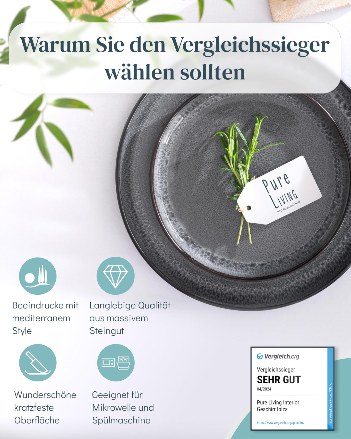 Stoneware dinnerware set for 4 people Ibiza 12 pcs. WINNER, Gorgeous Mediterranean Stoneware Dinnerware Set, Bowl and Plate Set, Tableware for 4 people, Pure Living dinnerware sets in grey.