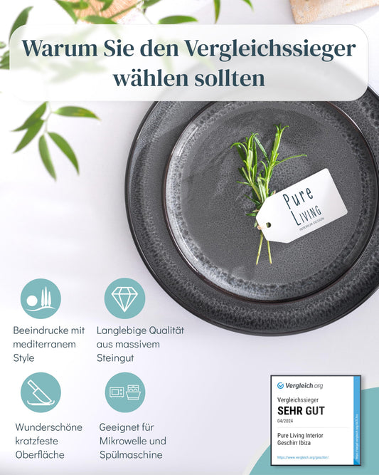 Stoneware dinnerware set for 4 people Ibiza 12 pcs. WINNER, Gorgeous Mediterranean Stoneware Dinnerware Set, Bowl and Plate Set, Tableware for 4 people, Pure Living dinnerware sets in grey.