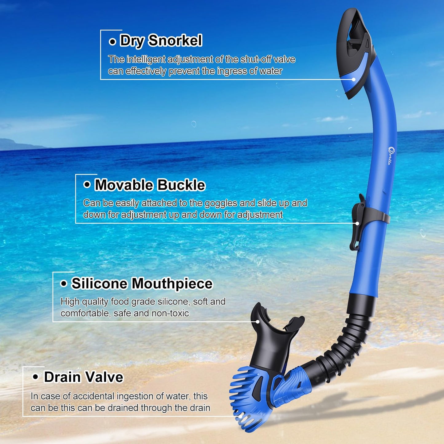 Adult Dorlle snorkel set includes premium dry snorkel and tempered glass diving mask, 180° panoramic view, anti-fog, anti-leak features for snorkeling and swimming. Comes with a carrying bag.