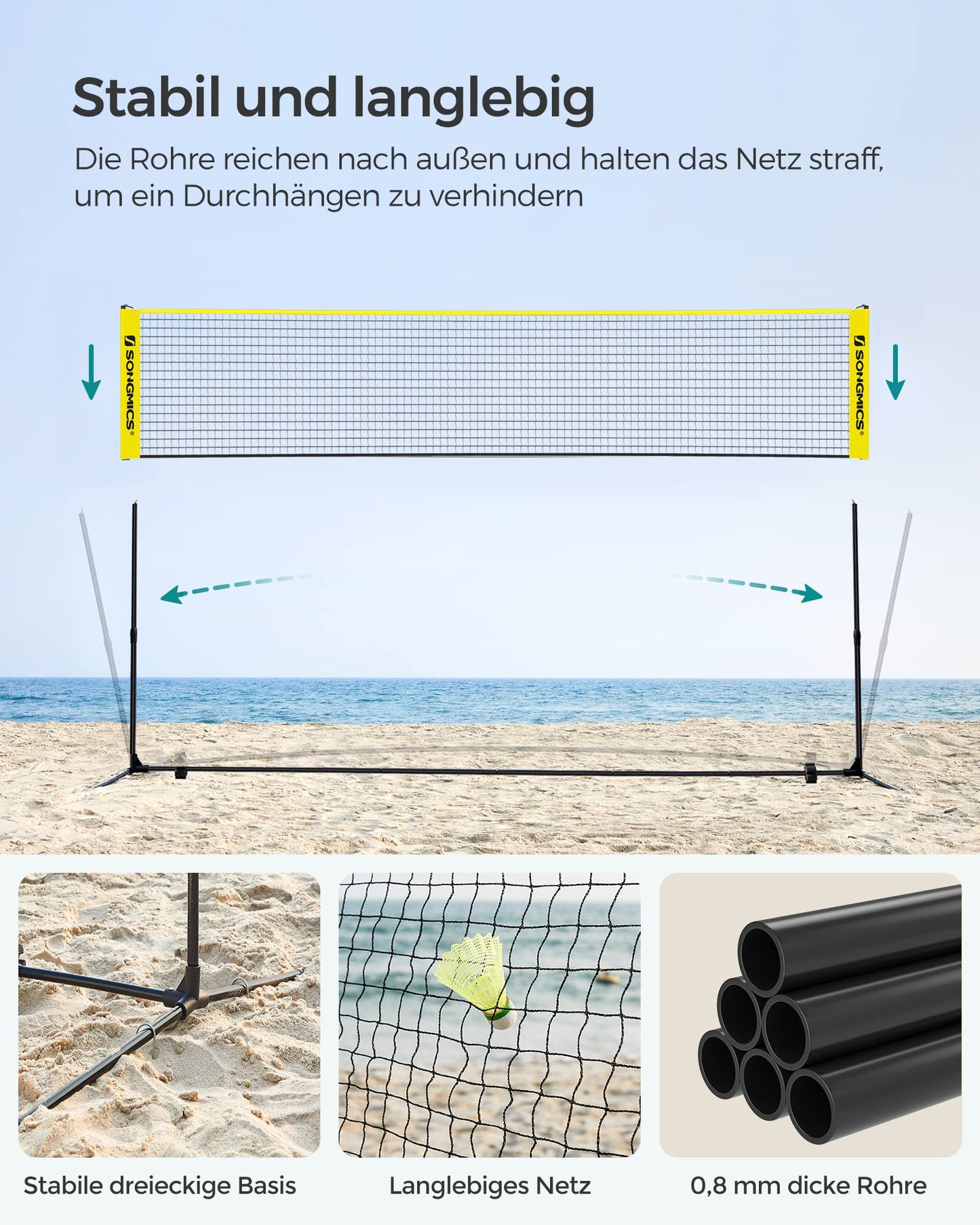 SONGMICS 3m Badminton Net, Volleyball Net, adjustable poles, portable set for tennis, beach volleyball, for garden, park, outdoor, Yellow SYQ300Y