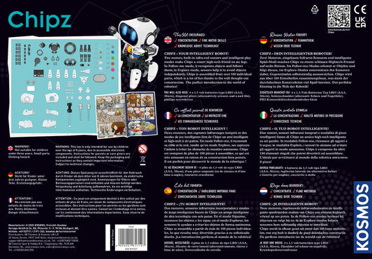 COSMOS 617127 Chipz - Your smart robot, with multilingual instructions, for kids aged 8-14, follows movements, avoids obstacles, light and sound effects, robot toy