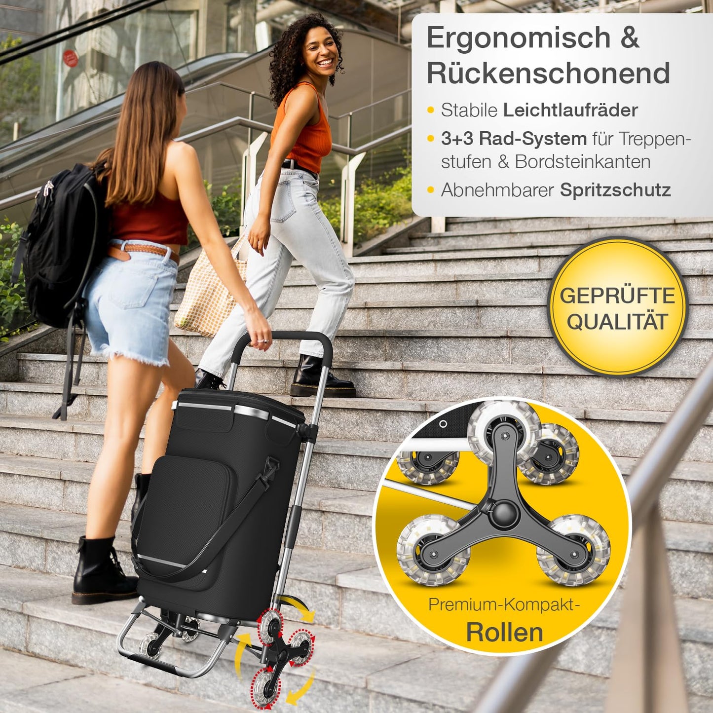ELONEO Shopping trolley with cooler compartment, foldable shopping cart, adjustable height, reflectors, removable 43 L bag, stair climber trolley in black.