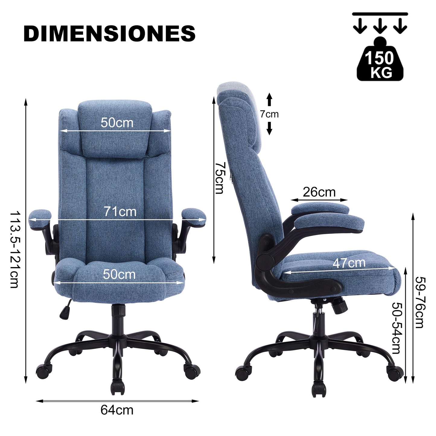LIYURUI office chair with 150KG capacity, ergonomic design, adjustable headrest, fabric upholstery, swivel wheels, flip-up armrests, and 110° tilt function.