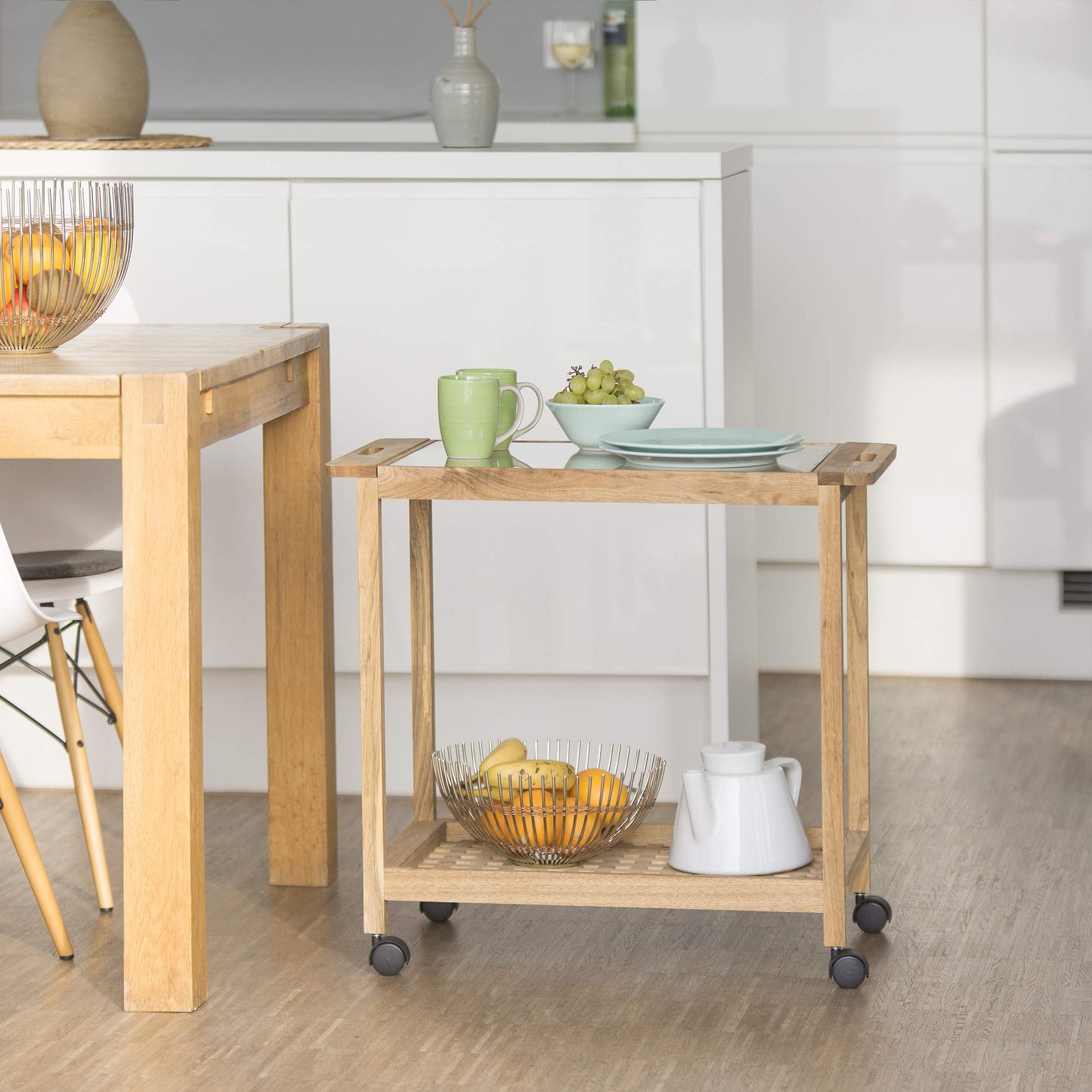 Relaxdays kitchen trolley on wheels, wooden serving cart with glass top, 2 tier rolling cart, HxWxD: 62 x 66 x 38 cm, natural, brown.