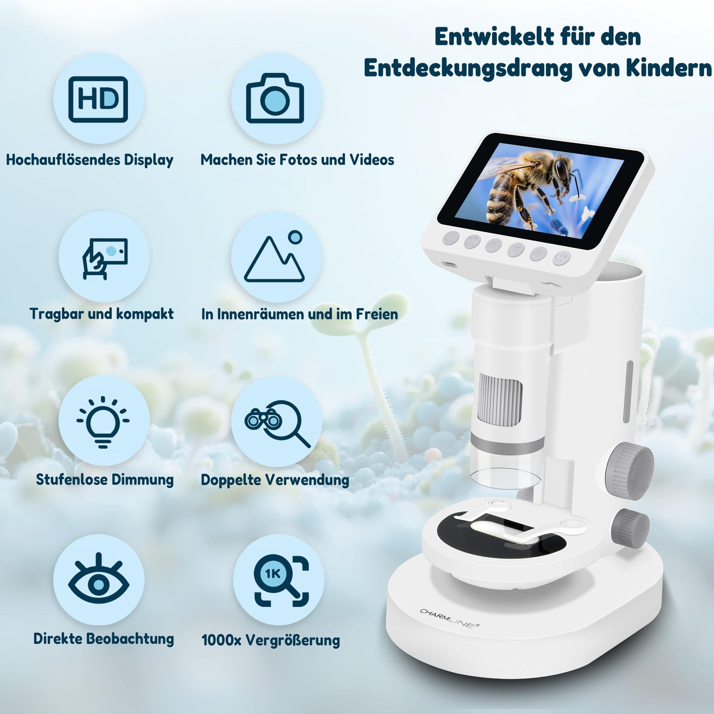 Digital microscope for kids, 100X-1000X magnification, portable microscope for children with photo and video recording, includes 32GB SD card, suitable for kids aged 6 and up.