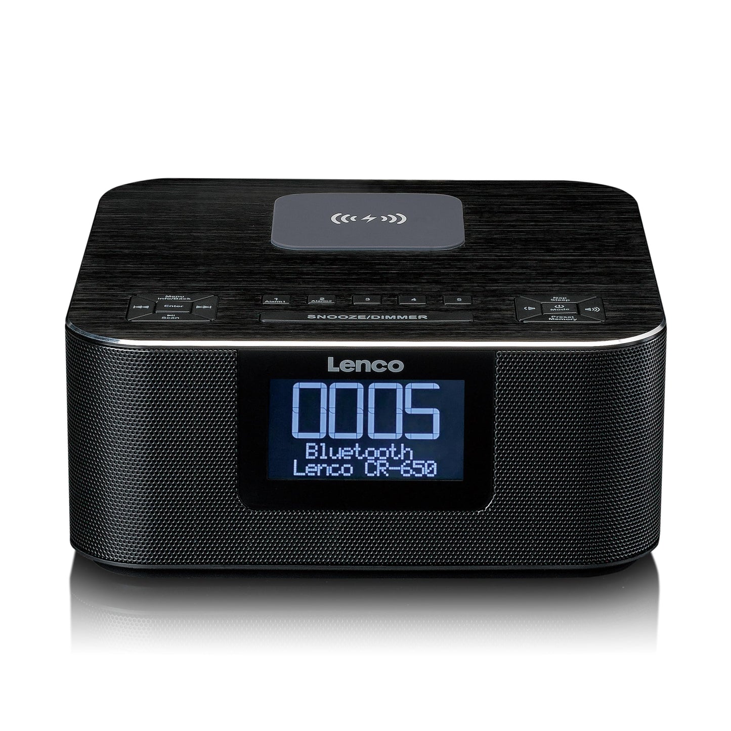 Lenco CR-650 DAB+ clock radio - alarm clock with DAB+ and FM - 20 station presets - snooze function - 2 x 2 watts RMS - LCD display - USB and QI charger - black