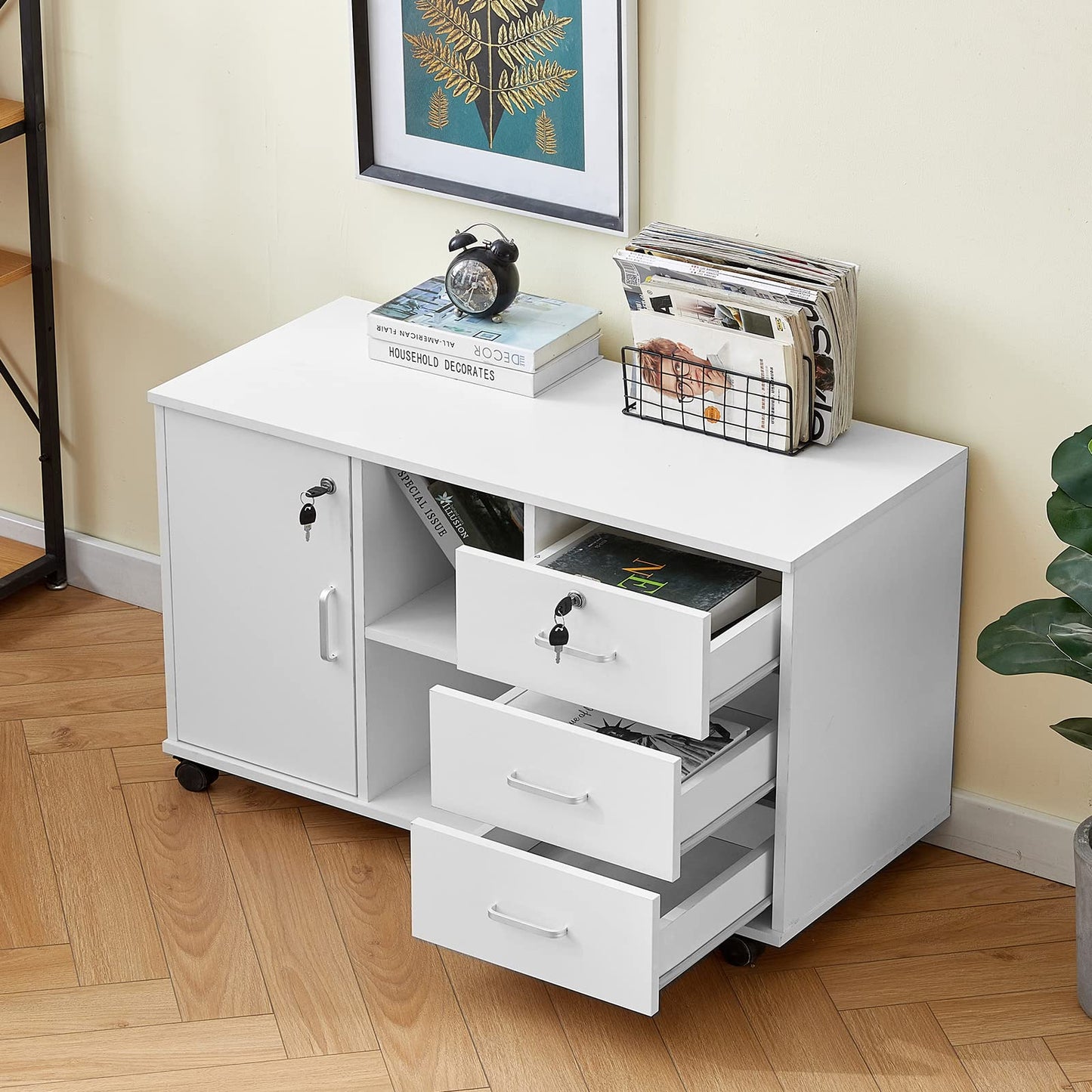 OFCASA Mobile File Cabinet with 3 drawers, lockable office rolling cabinet with wheels, 1 door, 2 shelves, 2 locks, white wood, storage cabinet for Home Office, 90 x 40 x 55 cm