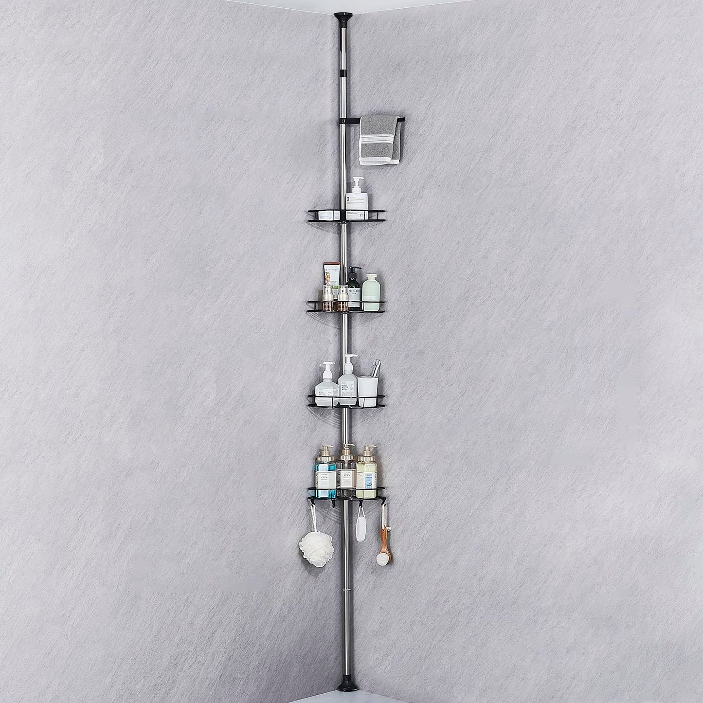 HANFU Telescopic Shower Caddy, 70-305 cm Height Adjustable Shower Shelf Without Drilling, Stainless Steel Corner Bathroom Shelf with 4 x Baskets 4 x Hooks and 1 x Towel Holder for Towel Shampoo, Black