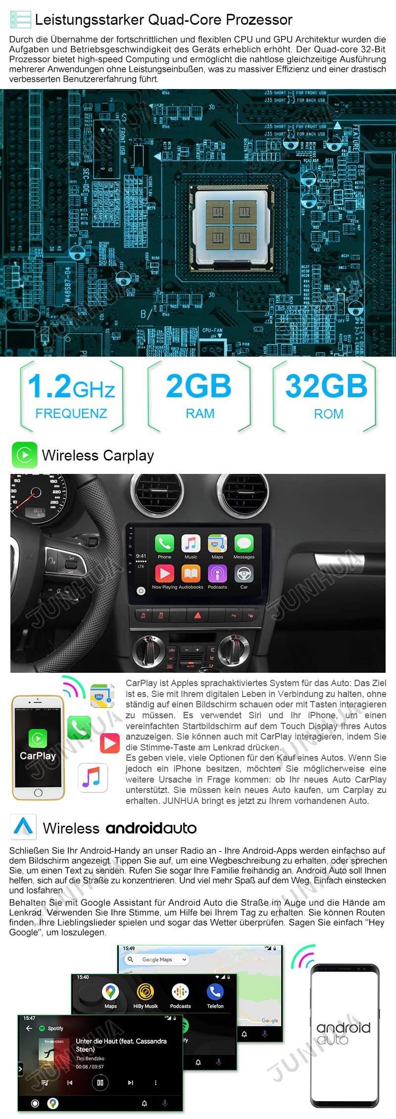 JUNHUA 9" Android 14 2GB+64GB Car Stereo for Audi A3 S3 RS3 8P7 8VS 8PA, Supports Wireless Carplay Android Auto GPS Navigation Radio Bluetooth WiFi FM RDS Bose System