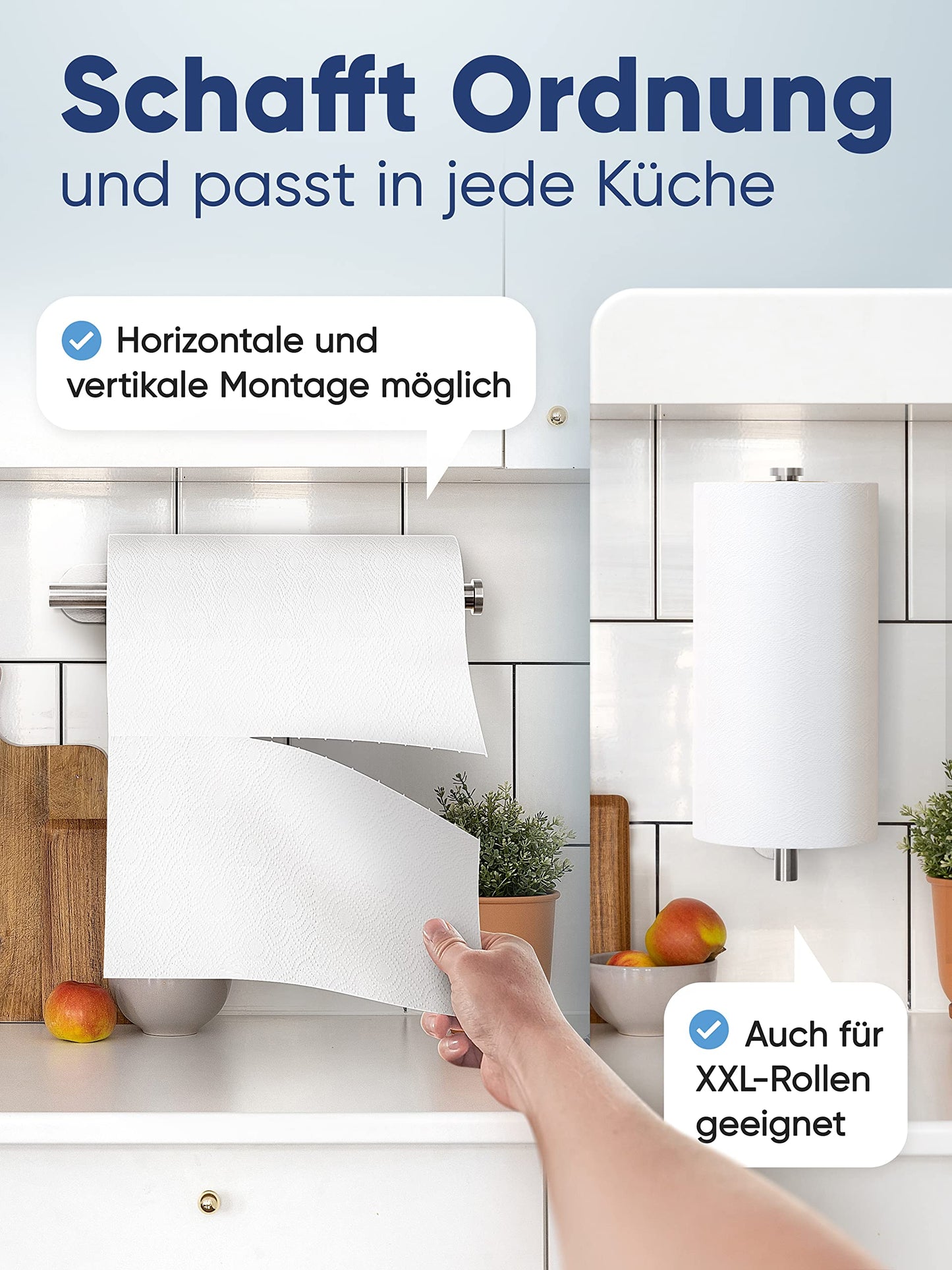 WOHNHELD® Kitchen Roll Holder without drilling | With roll brake | Extremely stable | Zewa roll holder wall self-adhesive stainless steel silver