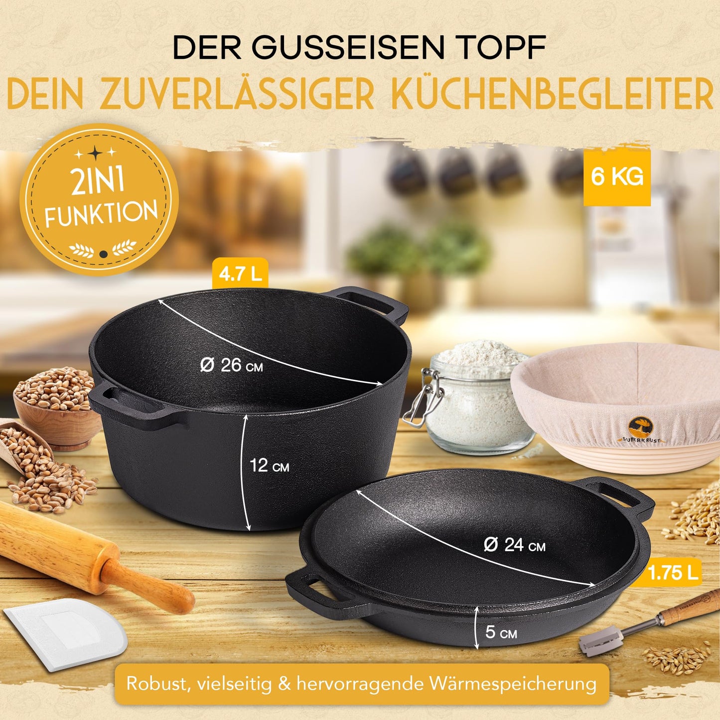 SUPERKRUST Cast Iron Pot Bread Baking including proofing basket, baker's knife & dough scraper - bread baking form with lid 26cm - Ideal bread pot, cast iron pot bread baking, bread baking accessory, bread form.