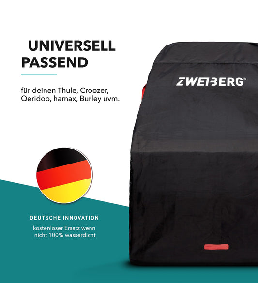 ZWEIBERG® Foldable garage for bike trailers. Universal, sturdy, and waterproof cover. Provides rain protection with UV protection. Easy removal.