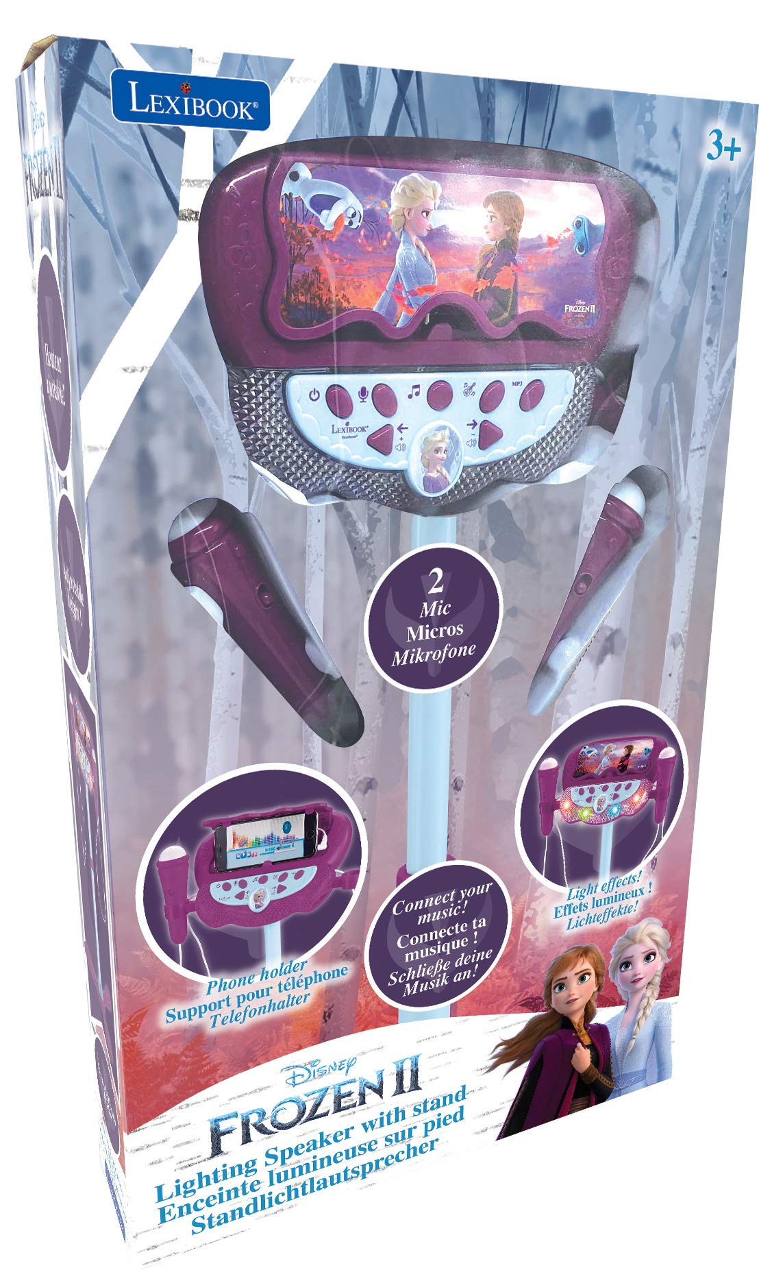 Lexibook, The Ice Queen, Illuminating Speaker on Stand for Kids, musical game, adjustable height, light effects, 2 microphones included, MP3 plug, Aux-in cable plug, purple, S160FZ.