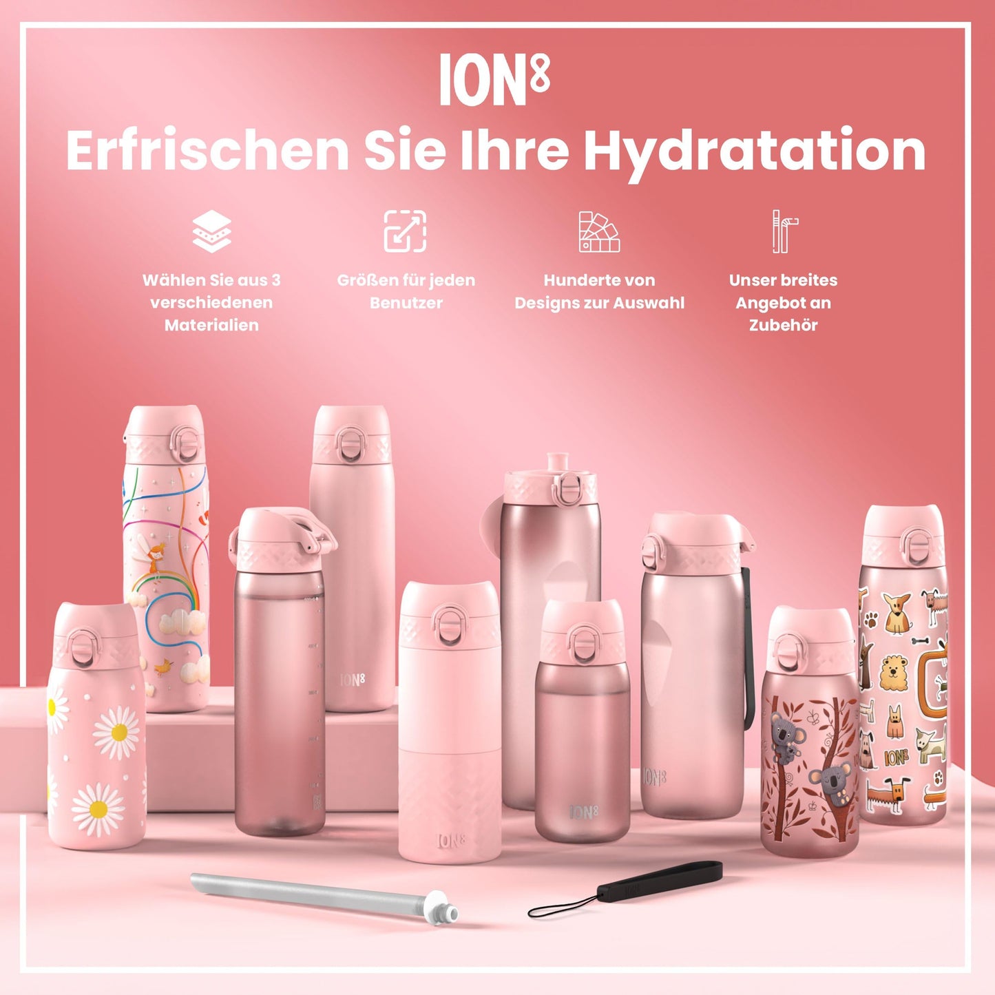 ion8 600ml stainless steel water bottle. Non-insulated, leak-proof, one-handed opening, secure locking, dishwasher safe, flip lid, carrying handle. Easy to clean, butterfly design.