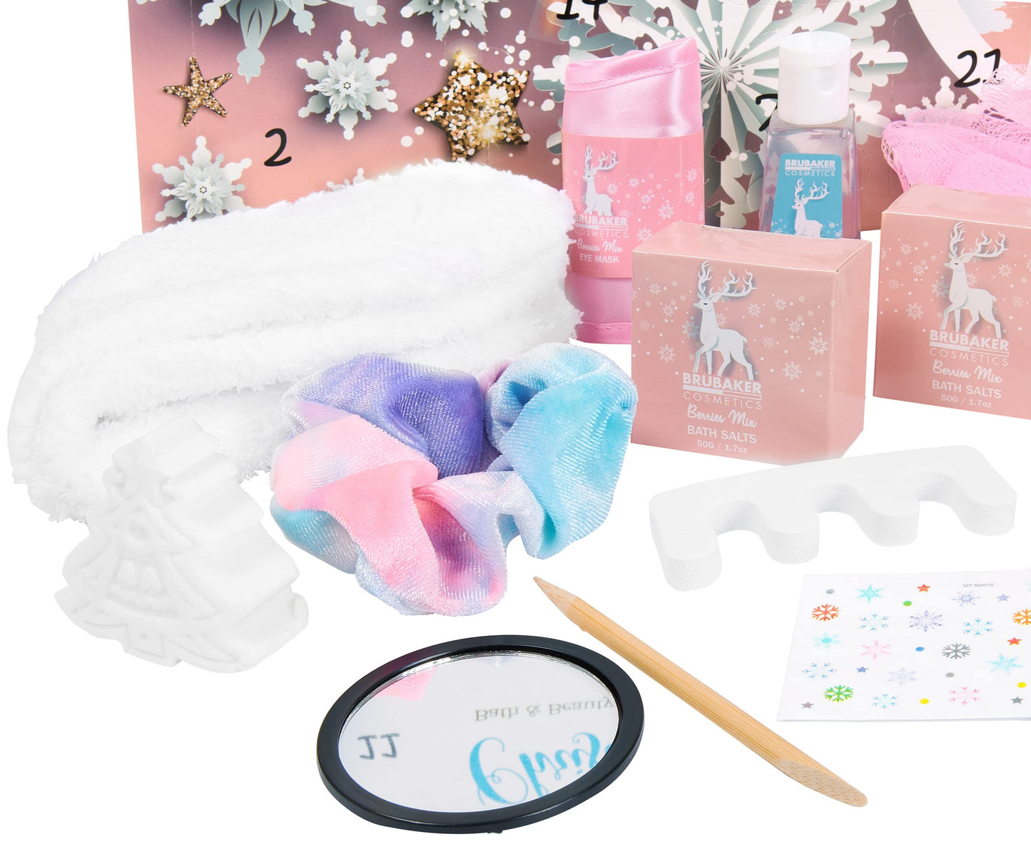 BRUBAKER Cosmetics Beauty Advent Calendar 2025 - the XXL wellness Christmas calendar for women and girls - 24 x body care products & spa accessories - stars and snowflakes in pink.