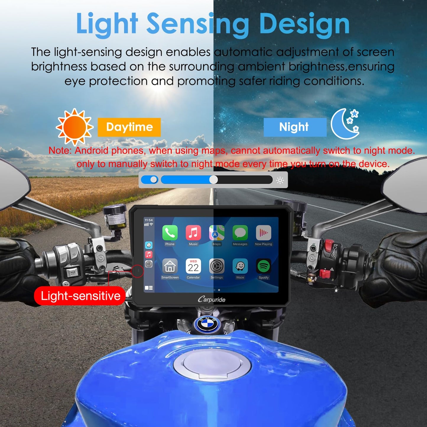The Carpuride W702 Pro motorbike Carplay screen features intercom function, wireless CarPlay and Android Auto, portable waterproof 7-inch touchscreen, improved dual Bluetooth, navigation, compass.