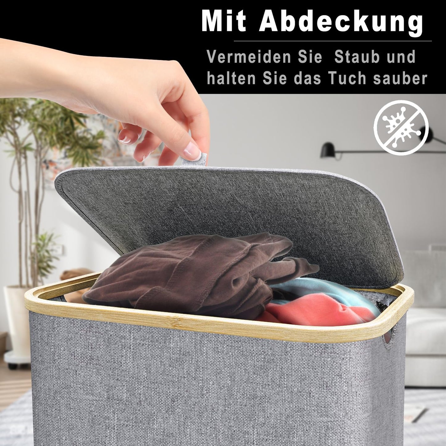 Laundry basket with lid 100L, large slim laundry collector with removable laundry bag Laundry baskets laundry cabinet laundry chest laundry bin for dirty laundry Gray