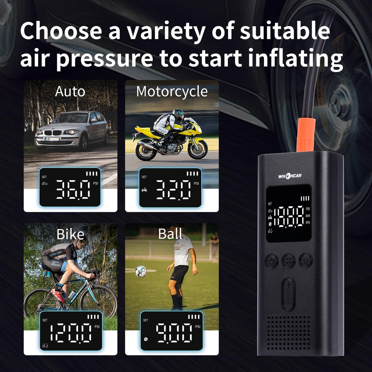 Electric air pump 6000mAh Rechargeable car tire pump 150PSI Electric air pump Electric compressor with LCD screen LED light for bicycles, motorcycles, cars & balls, AutoOff