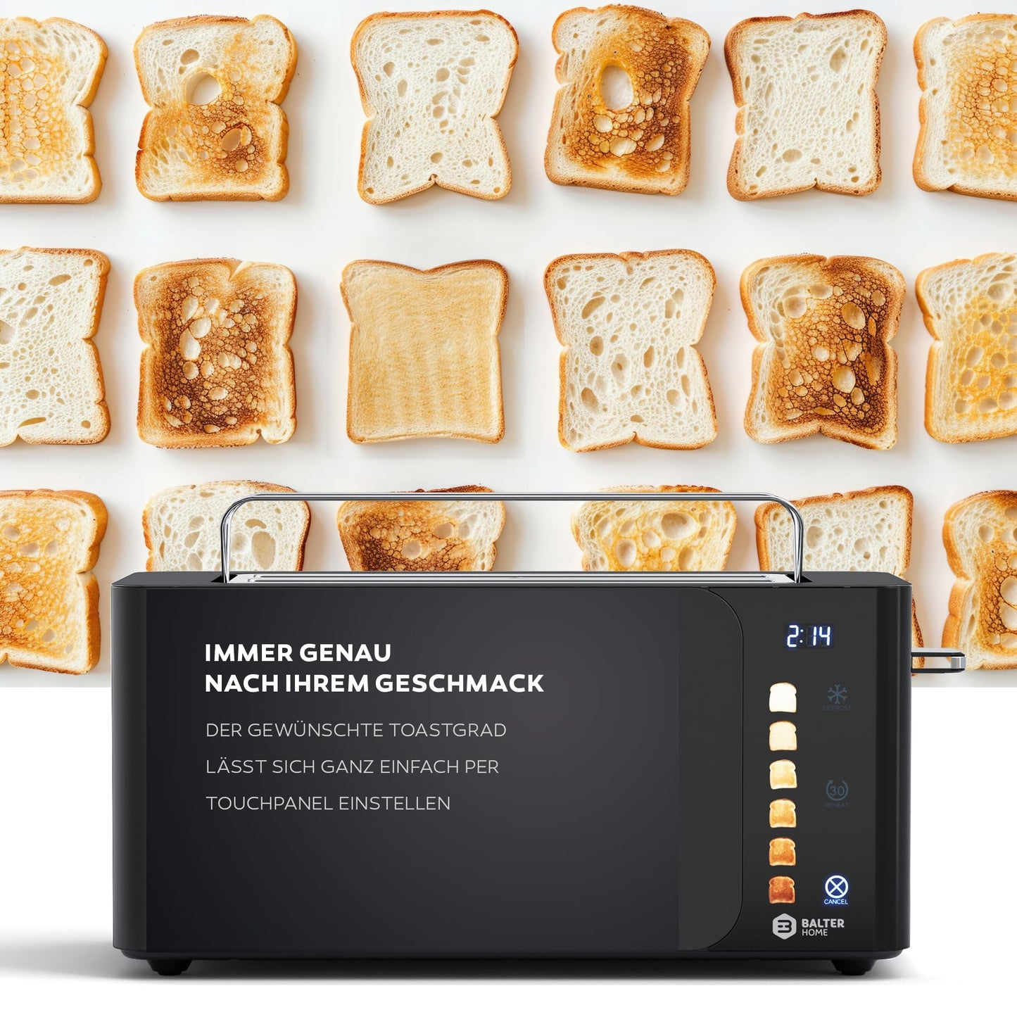 Balter 4-Slice Toaster, Touch Control, Long Slot, Stainless Steel, Bun Warmer, LCD Display, Defrost Function, Bread Centering, TS-44 Matte Black