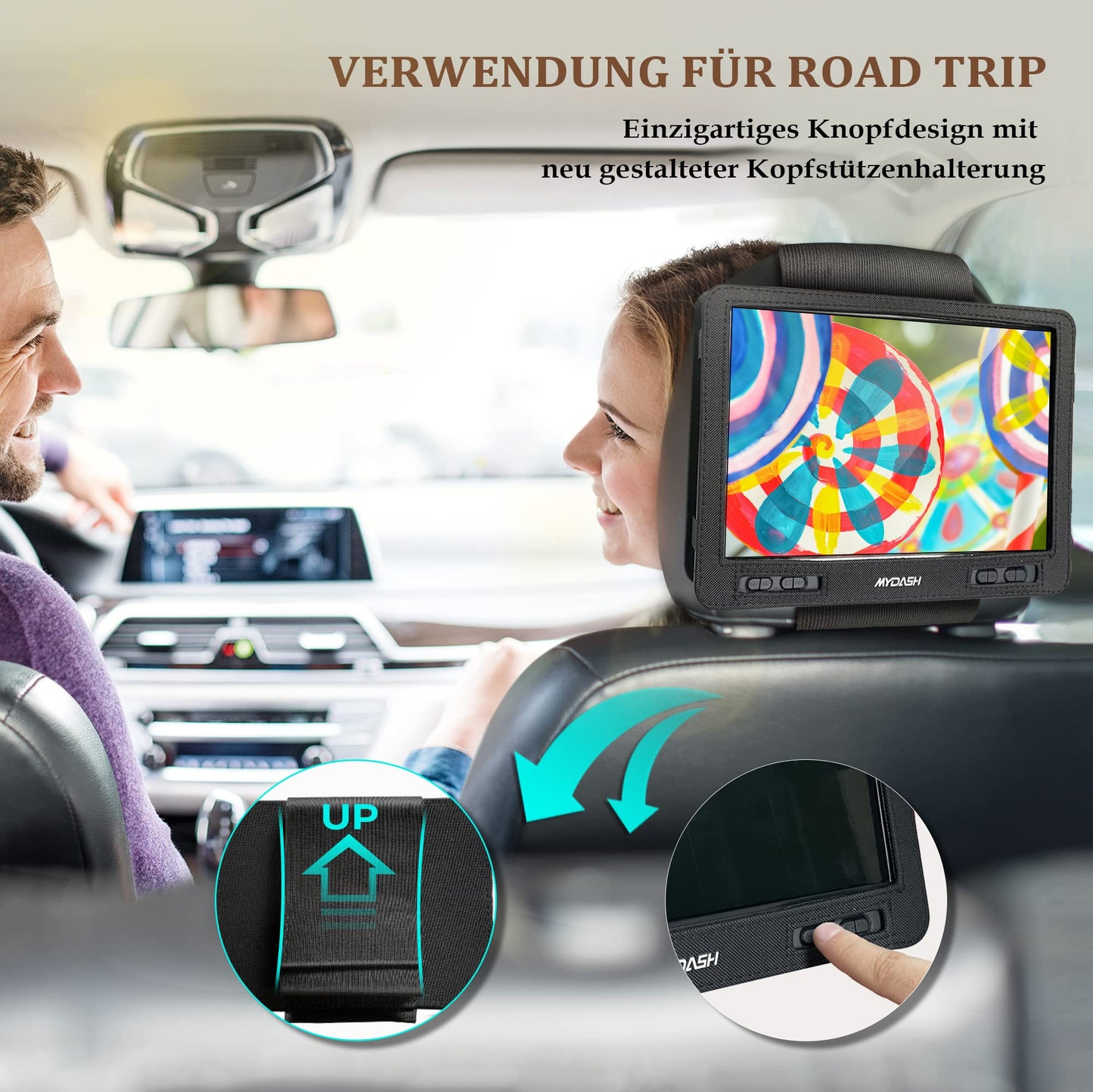 Portable 14.9-inch DVD player for cars, for kids with swivel 12.5-inch HD screen & car headrest mount, DVD/CD player, for Sync-TV projector, USB/SD connection