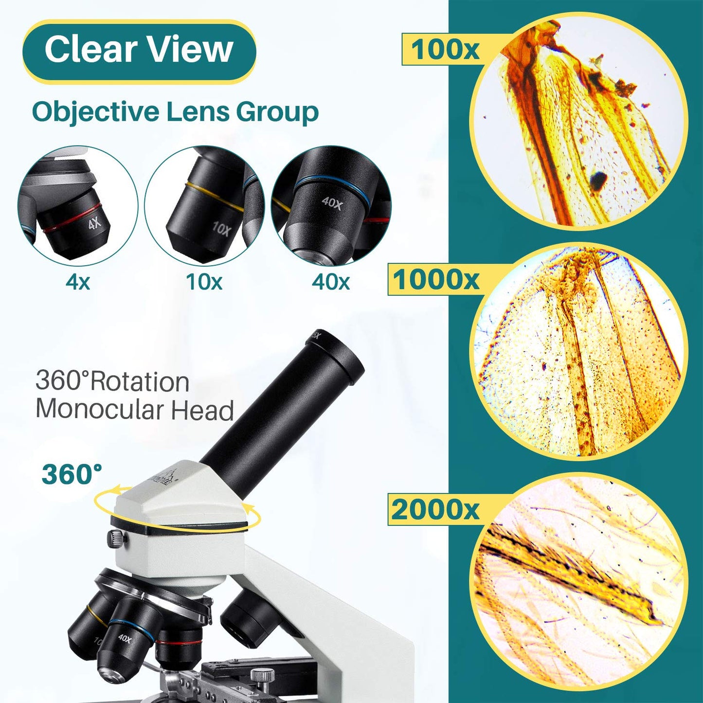 MAXLAPTER 2000x microscopes Moving ruler microscopes Laboratory LED with prepared and blank slides Microscope lens adapter accessories