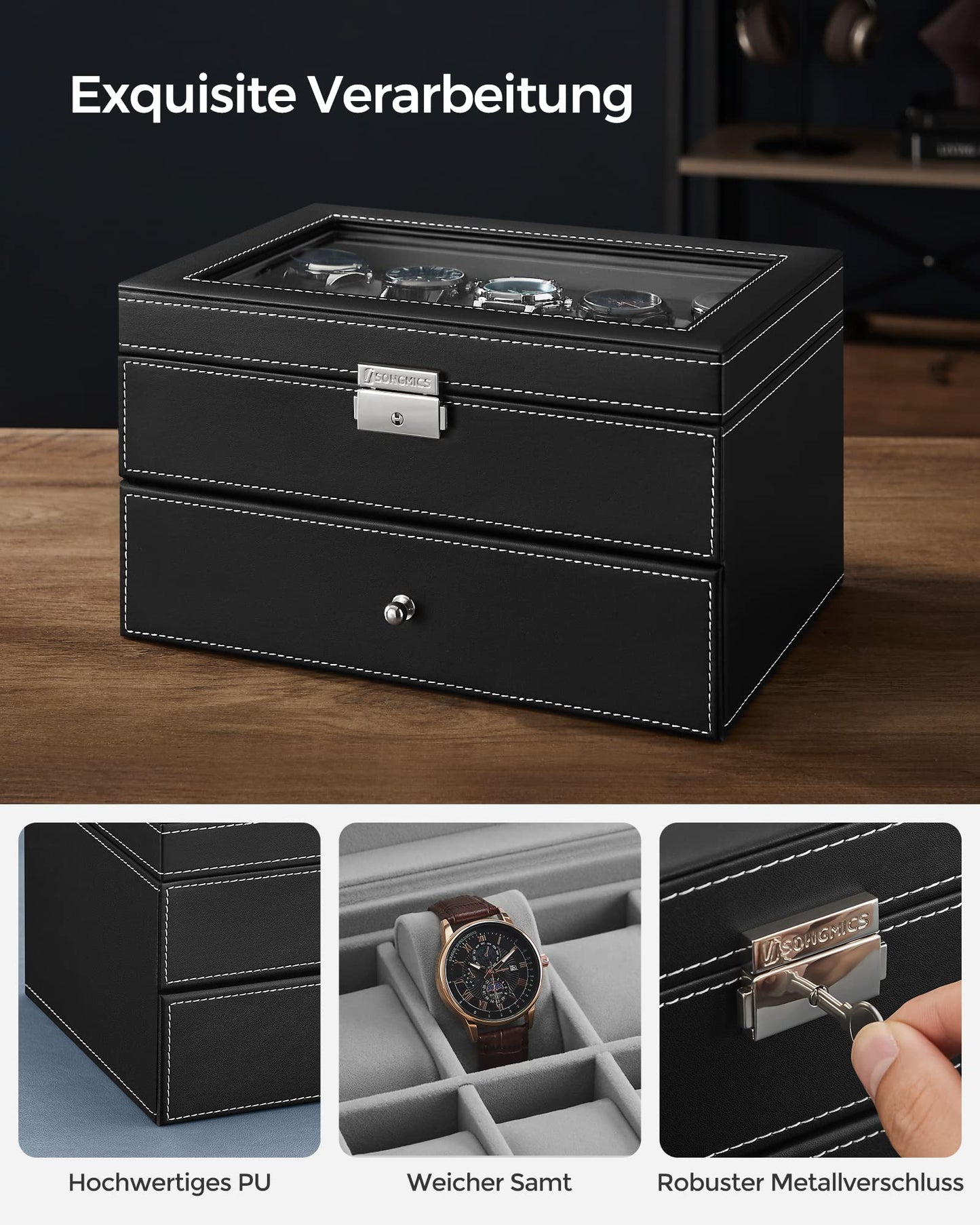 SONGMICS Watch Box, Watch Case with Glass Lid, 2 Levels, Watch Holder with Removable Watch Pillows, Watch Organizer, Gift Idea, PU Cover in Black, Velvet Lining in Grey JWB020