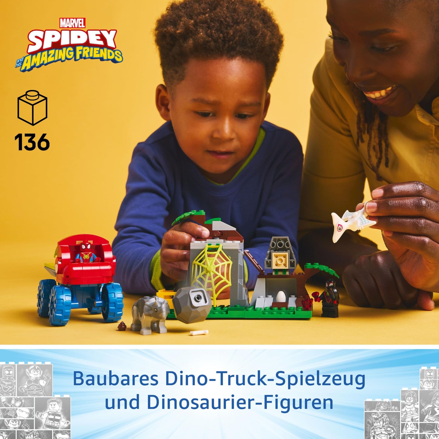 LEGO Marvel Spidey's Team on rescue mission in the Dino Truck, buildable superhero toy car, adventure playset for kids 4+, Spidey and His Super Friends 11199