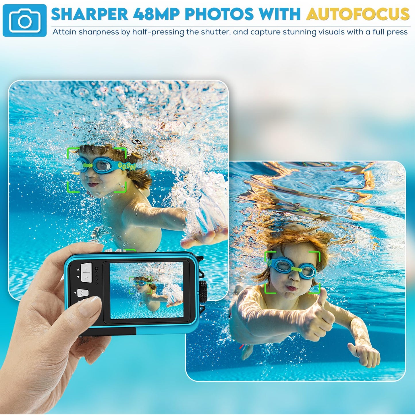 4K underwater camera with 64GB card, 48MP underwater camera with autofocus & HD dual selfie display, 3.5m waterproof camera, waterproof digital camera for kids & snorkeling (2 batteries)
