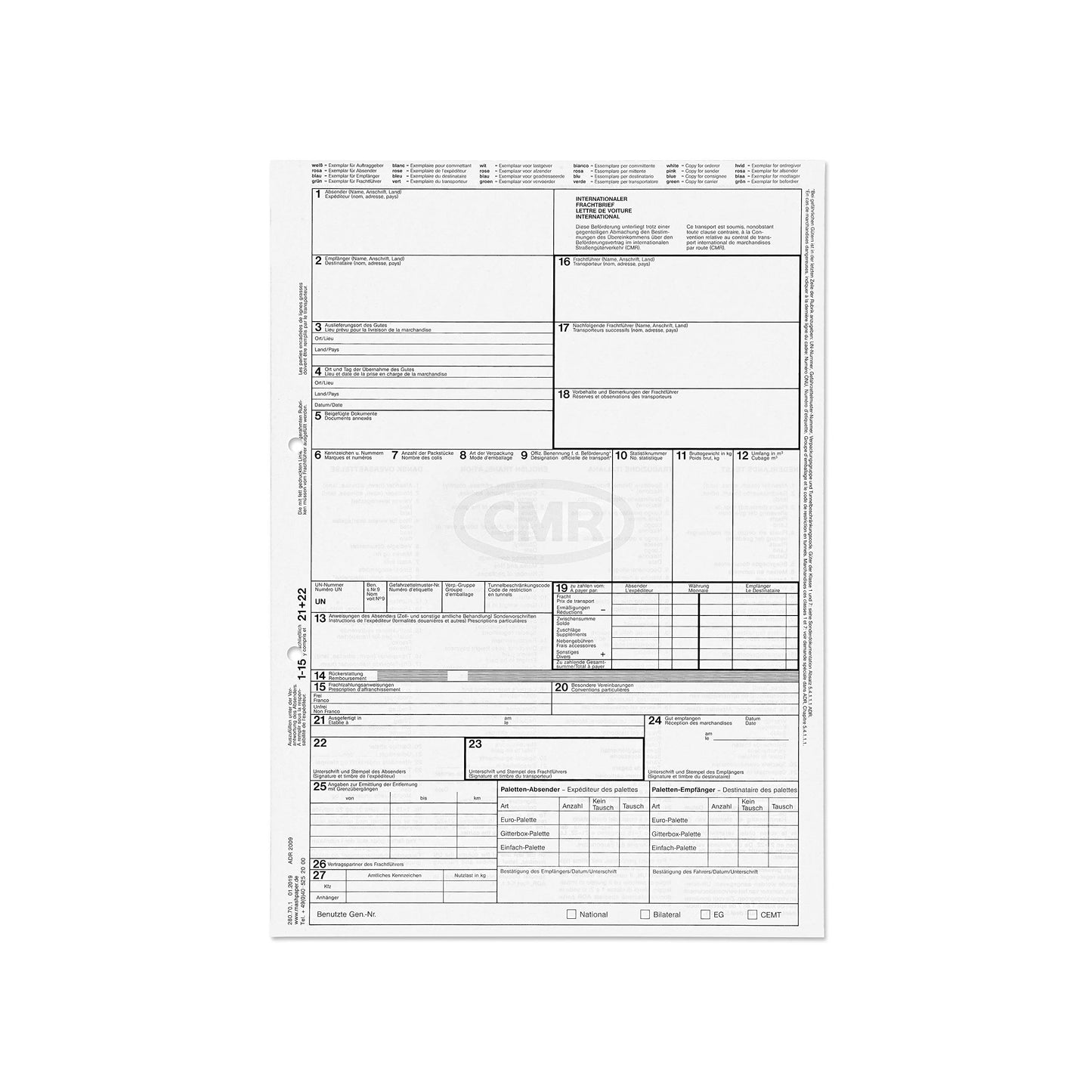 International CMR consignment note self-copying 200 pieces single sheet 280701.