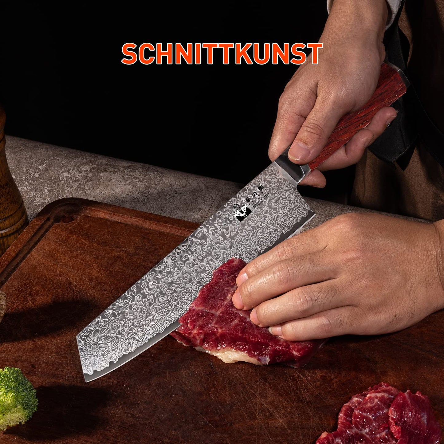 FUJUNI Damascus Knife Kiritsuke Professional Chef's Knife with Extremely Sharp 20 cm Blade Made of 67 Layers Vg-10 Damascus Steel Kitchen Knife, Wood Handle, Gift Box.