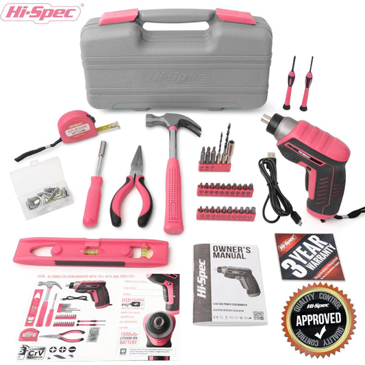 Hi-Spec 35-piece pink home DIY tool set with rechargeable USB drill. Ideal for repairs and maintenance in a convenient tool box - perfect for women and girls.