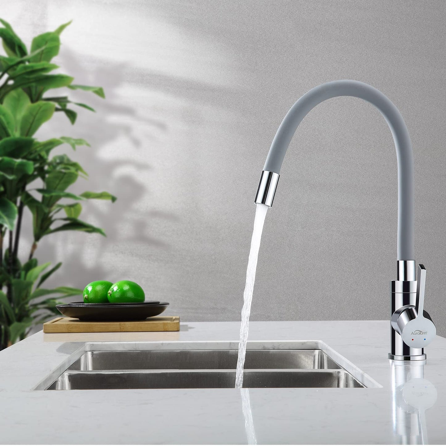 Kitchen faucet with flexible silicone hose, Auralum high-pressure kitchen tap, kitchen faucet 360° rotatable, mixer tap with flexible spout (grey)