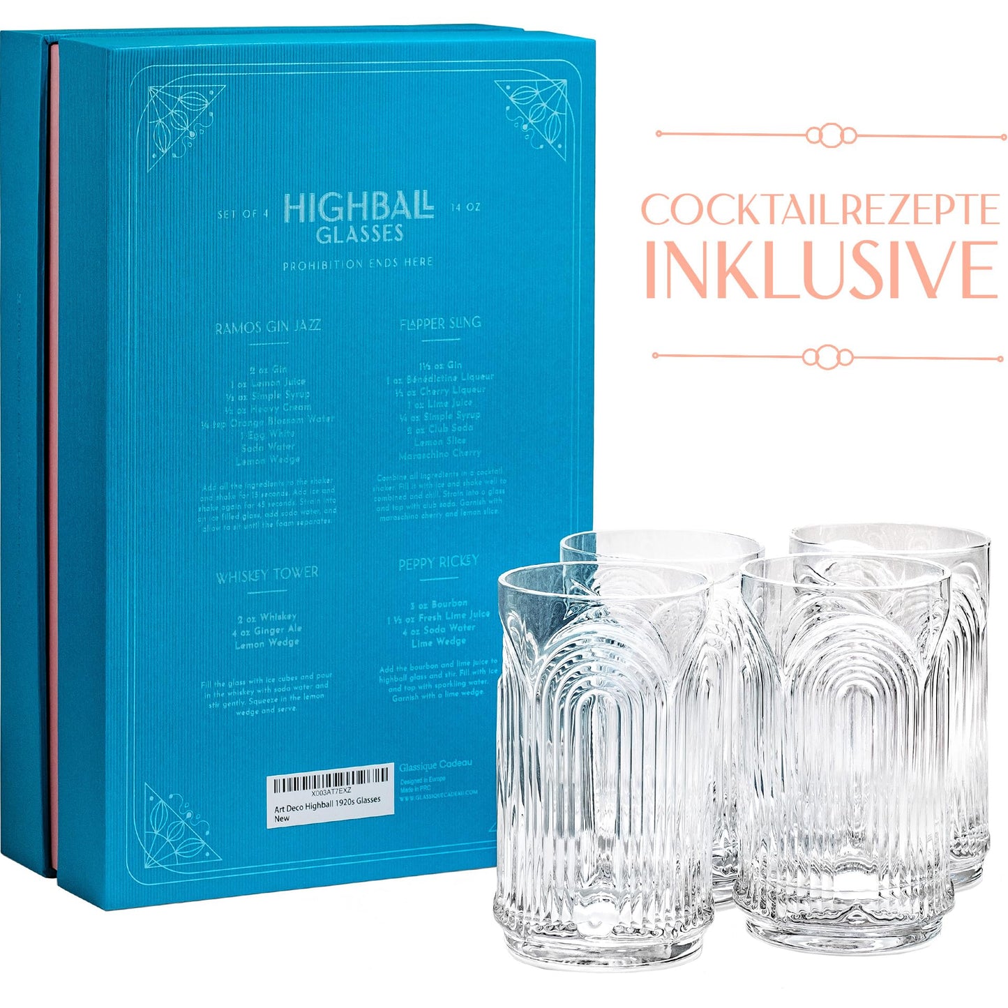 GLASSIQUE CADEAU Vintage Art Deco 1920s Gin Cocktail Highball Glasses with Relief for Caipirinha, Mojito, Gin Tonic, Cuba Libre | Set of 4 | 400 ml Highball Cocktail Glasses