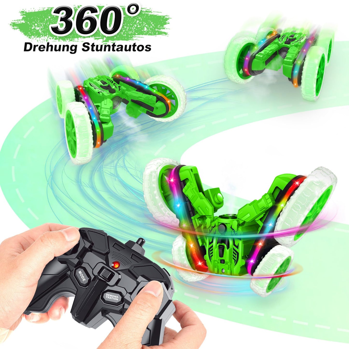 MidiVix Remote Control Car, 360° rotating 4WD RC Car with side lights and headlights, 2.4Ghz Double-sided RC Stunt Car with Spray, RC Drift Toy Car and Gifts for Kids (Green)