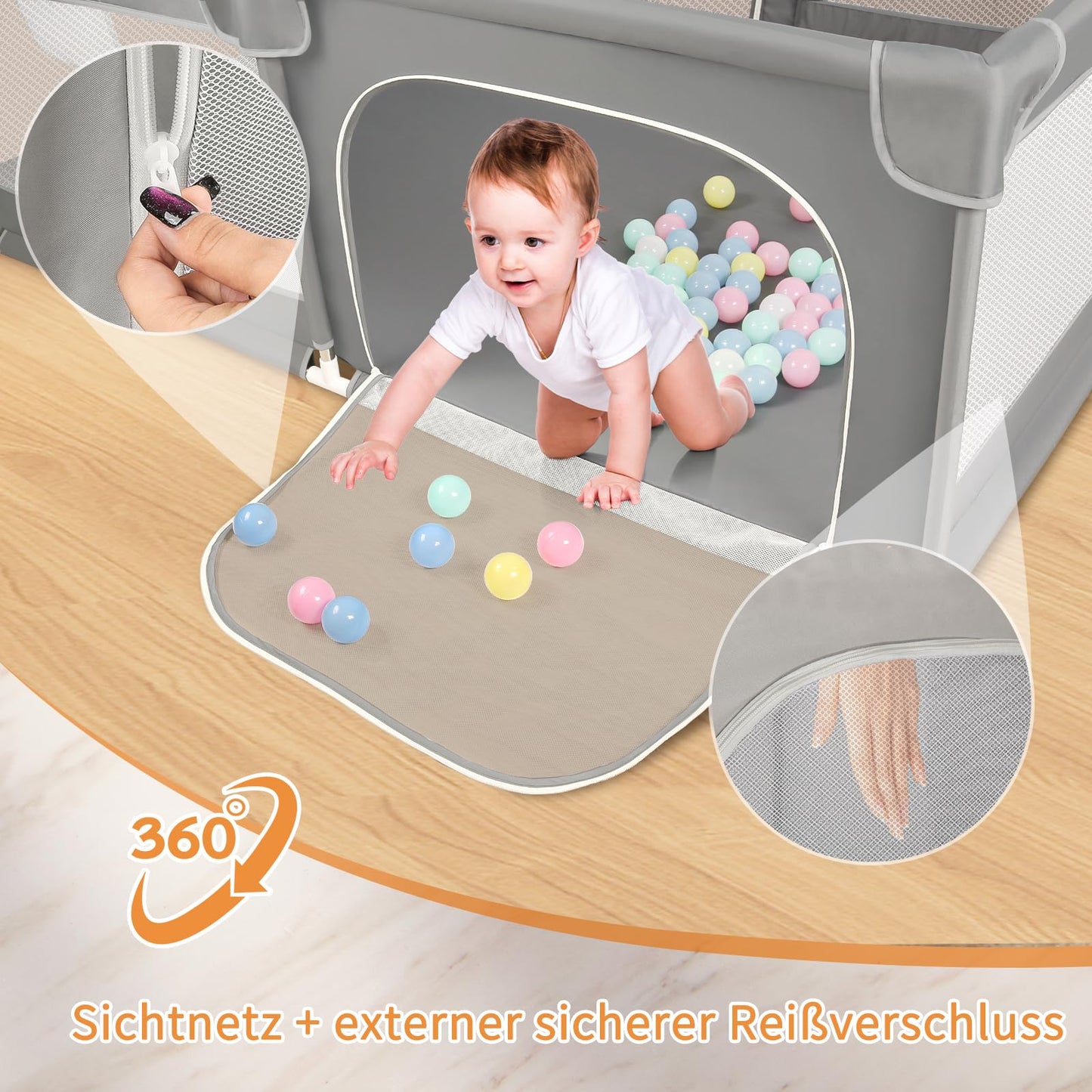 Sour Lemon Baby Playpen Playpen baby, children's fence with anti-collision foam barrier with breathable mesh, children safety playground, Including 50 Ocean Balls and 4 Pull Rings