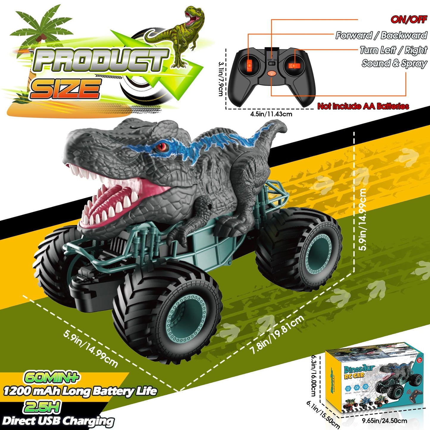 HappyGoLucky Monster truck remote control car for ages 3-8, Dinosaur toy for 3-10 year old boys, RC car with spray mist, music, LED lights, outdoor toy for Easter gifts.