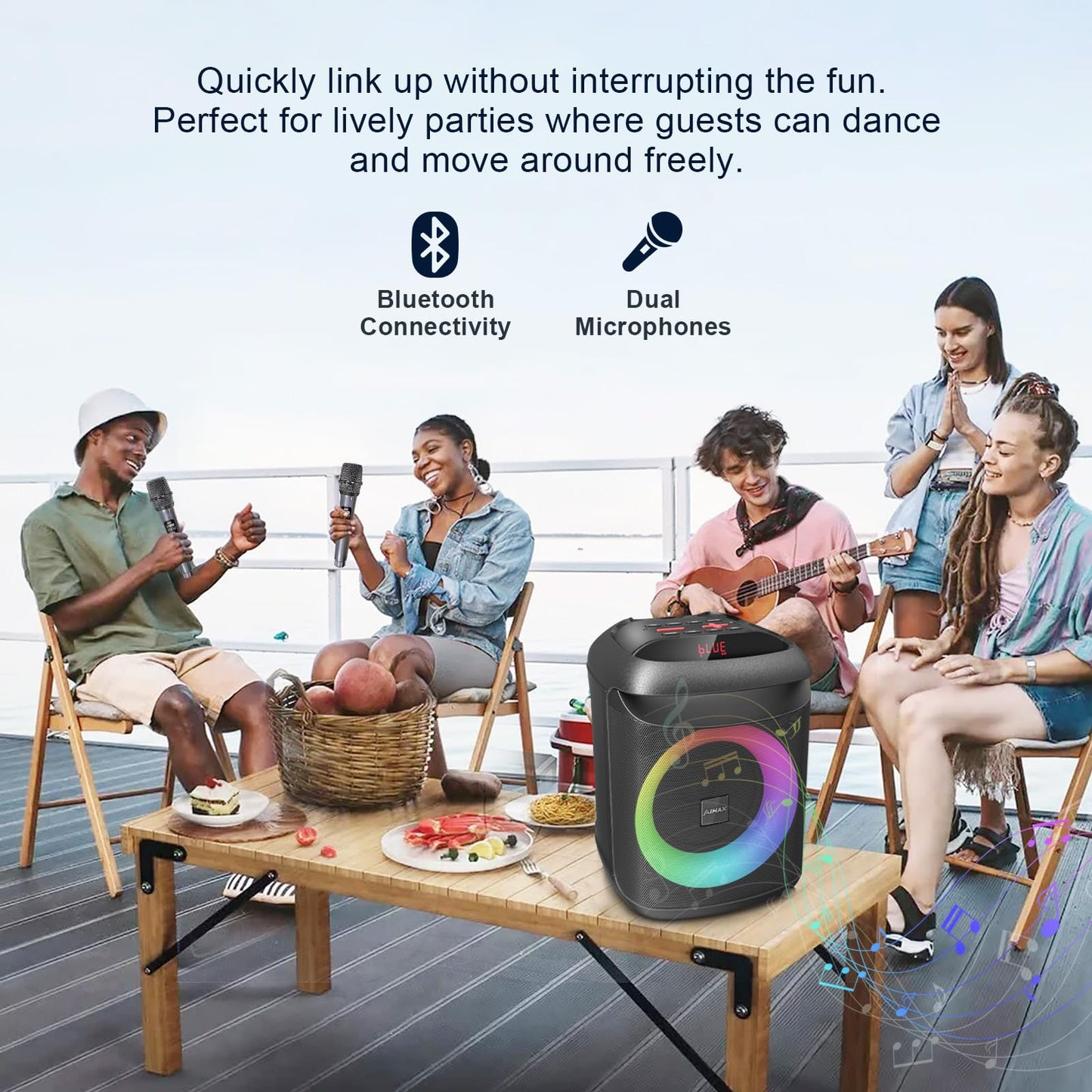 AIMAX Karaoke Machine with 2 Wireless Microphones, Portable Bluetooth Speaker for Adults and Kids, Party Music Box Mobile PA System with RGB Light Supports TF/USB, TWS, AUX in, Black.
