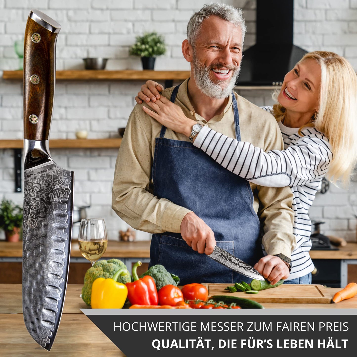 Stallion Small Santoku Knife Damascus 5" - Ironwood Series - Damascus Santoku Knife with Ironwood Handle - Damascus Steel Kitchen Knife made of premium Japanese steel.