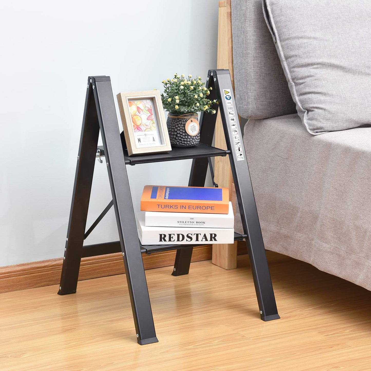 KINGRACK Step Ladder, 2 Step Stool, Folding Step Ladder with Handrail, Non-Slip Household Ladder with Folding Lock, Black Aluminum Step Stool